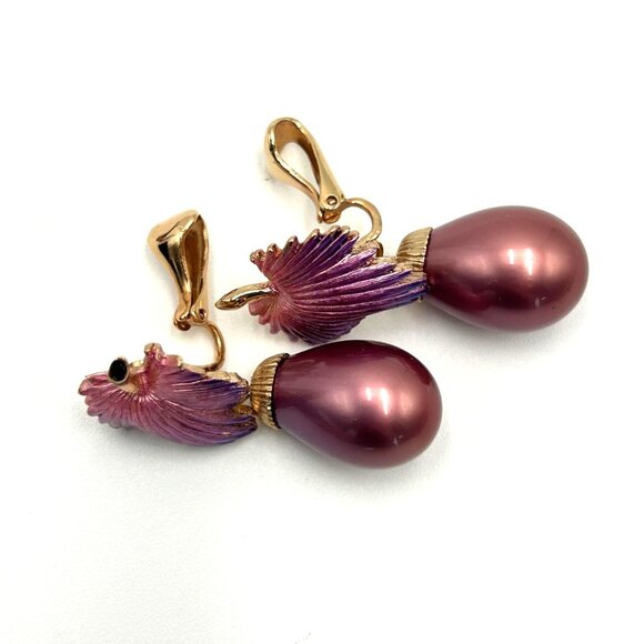 VTG Grape Cluster Brooch & Clip-On Earrings SET I Purple & Gold Enamel Granny - Picture 8 of 9
